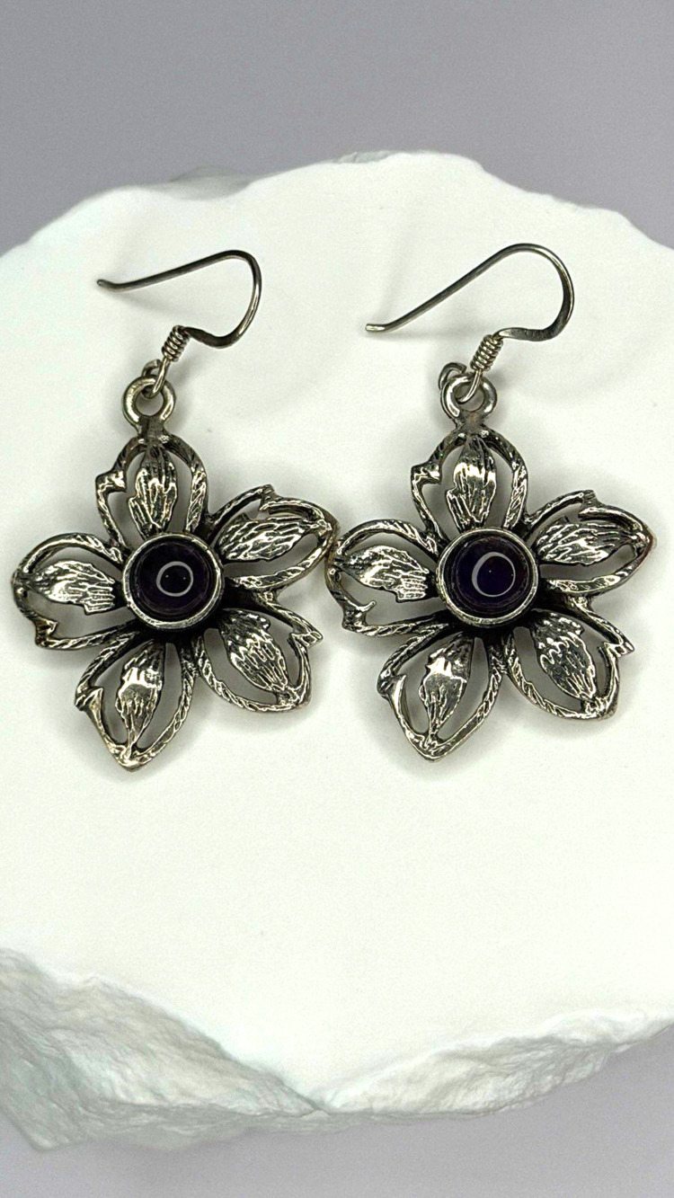 Vintage Flower 925 Sterling Silver Amethyst Earrings